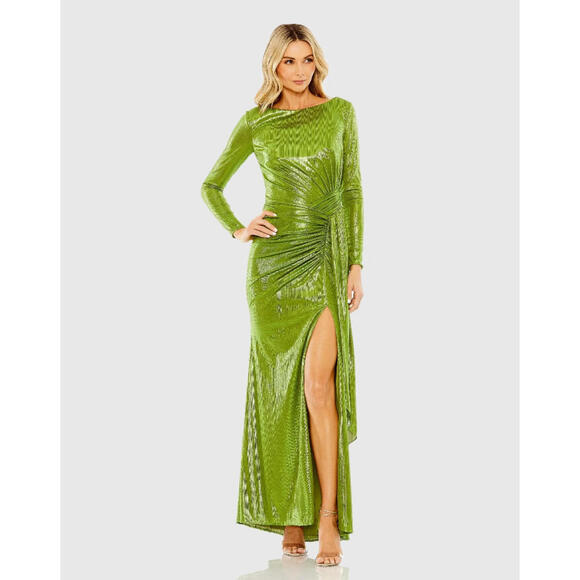 Mac Duggal 27165 Metallic Apple Green Ruched Long Sleeve Slit Gown Size 16 - Picture 2 of 3